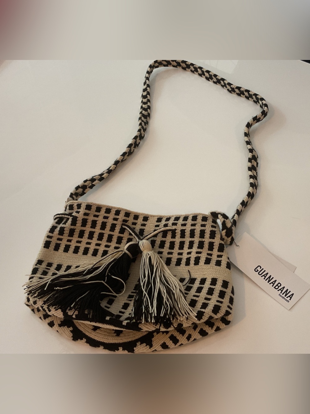 Guanabana Black and Cream Woven Crossbody Bag with Tassels.